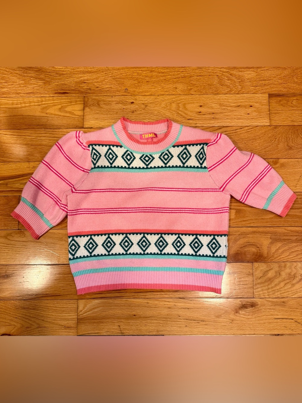 THML Pink Knit Multi Stripe Ribbed Cuff Hem Top